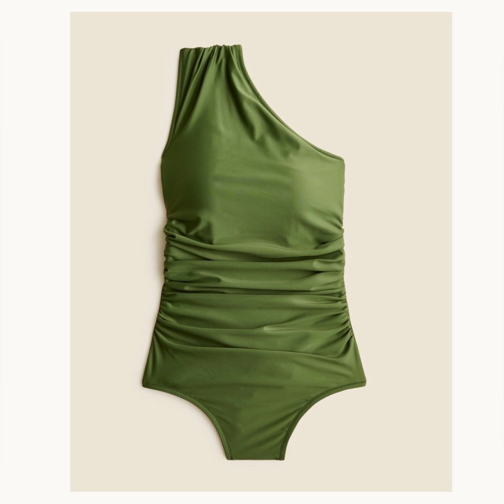 NWT J. Crew Olive Green One-Shoulder Ruched One-Piece Swimsuit